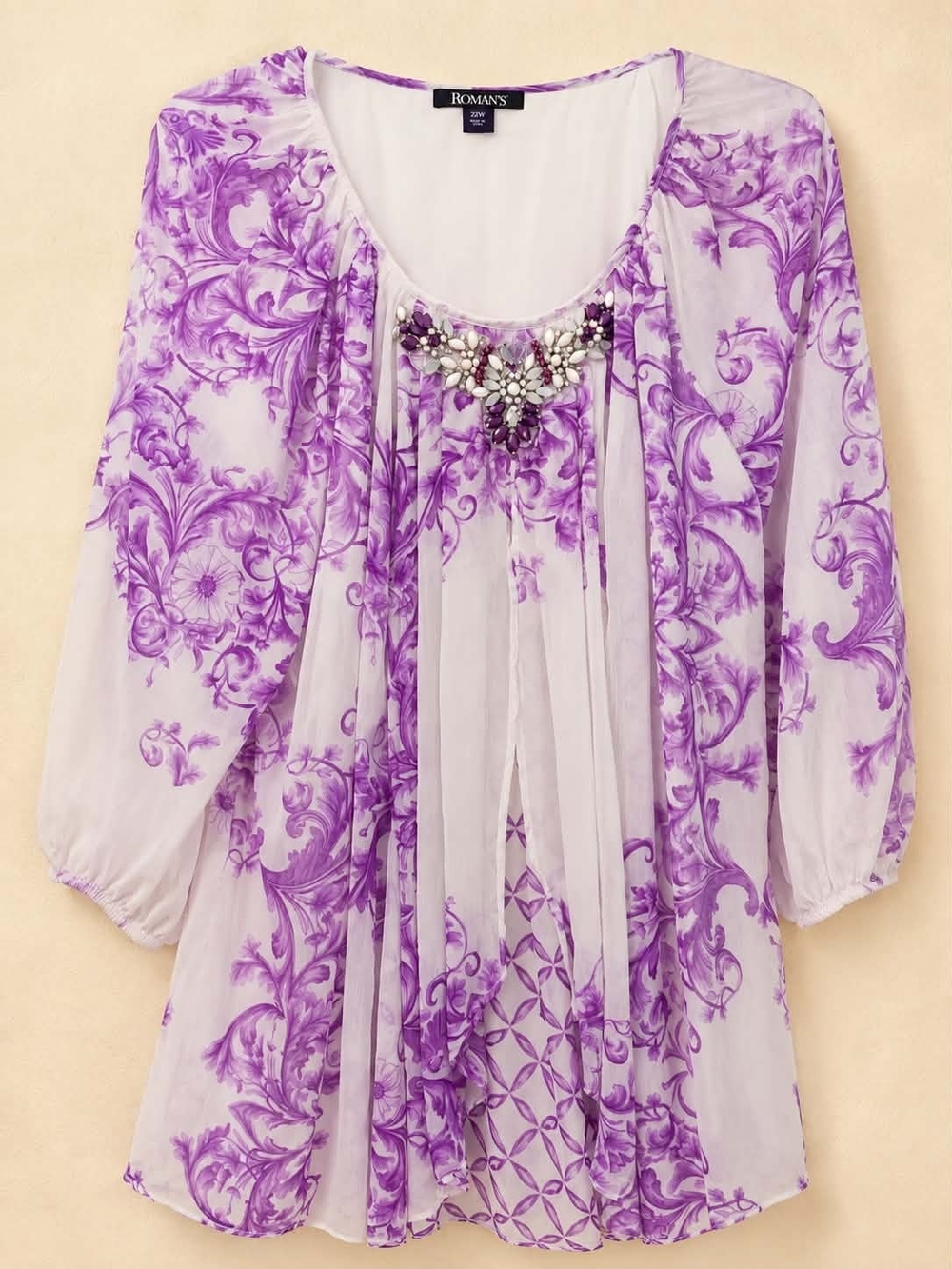 Roaman's Purple & White Scroll Print Embellished Tunic / Blouse